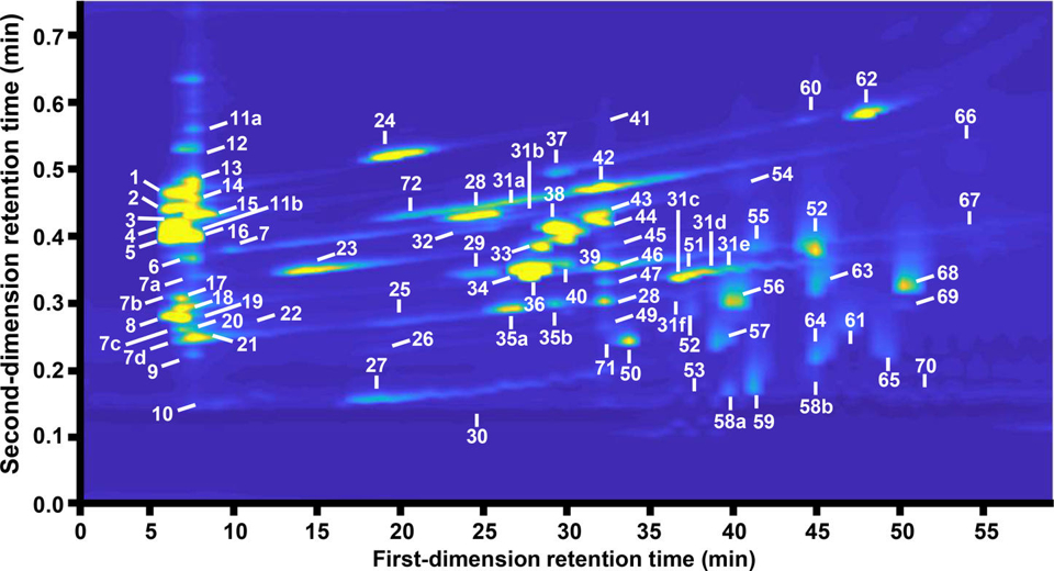 Figure 1. 2D-LC separation of a mixture of reference standards using mixed-mode strong anion-exchange in the 1D and ion-pair reversed-phase LC in the 2D.